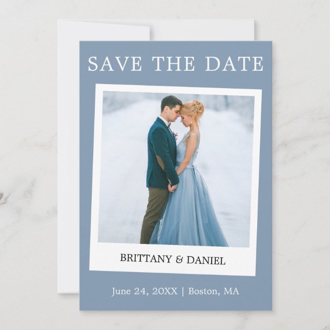 Instant Camera Style Couple Foto Dusty Blue Save The Date (Vorderseite)