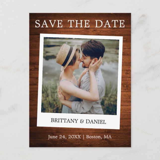 Instant Camera Style Foto Holz Save the Date Postkarte (Vorderseite)