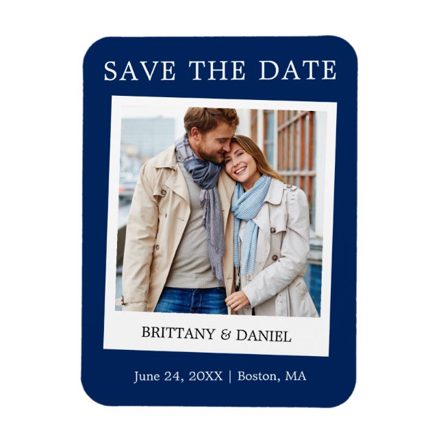 Instant Camera Style Foto Save the Date blau Magnet (Vertikal)