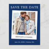 Instant Camera Style Foto Save the Date blau