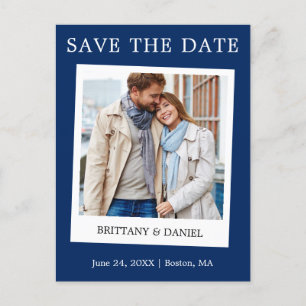 Instant Camera Style Foto Save the Date blau Postkarte
