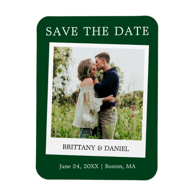 Instant Camera Style Foto Save the Date grün Magnet (Vertikal)