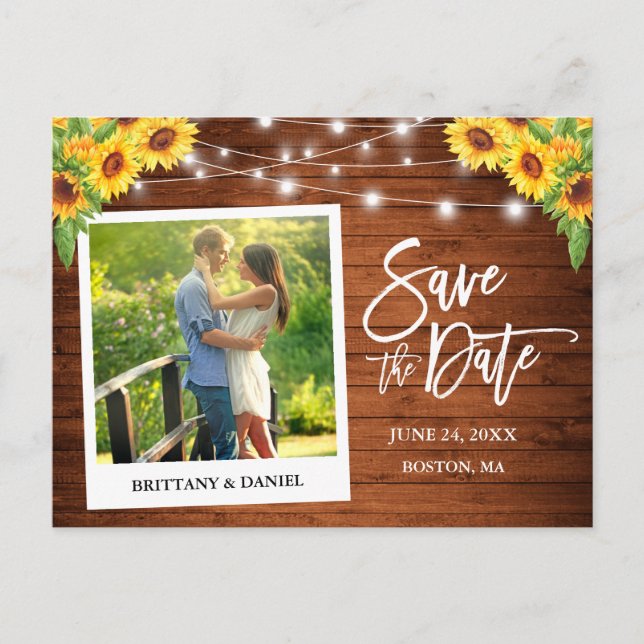 Instant Camera Style Holzblumen Save the Date Postkarte (Vorderseite)