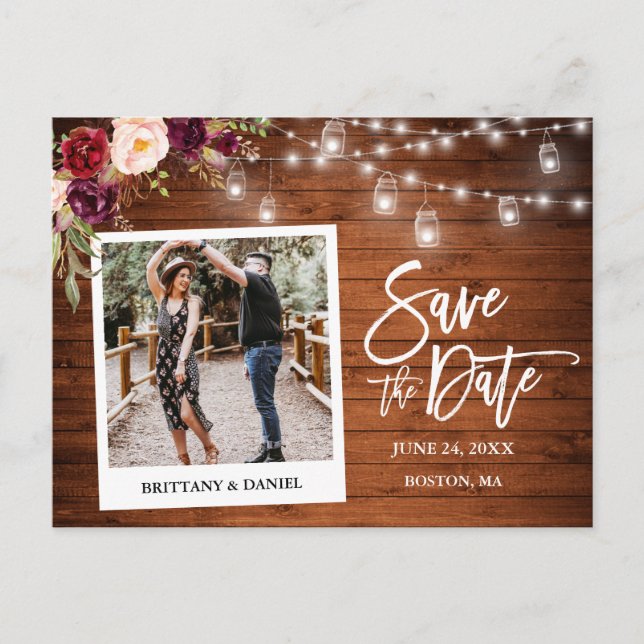 Instant Camera Wood Floral Jars Save the Date Postkarte (Vorderseite)