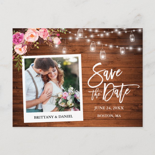 Instant Camera Wood Pink Blumenkästen Save the Dat Postkarte (Vorderseite)