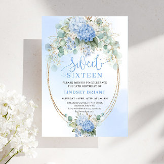 Instant Download Blue Floral Gold Sweet 16 Invite Einladung