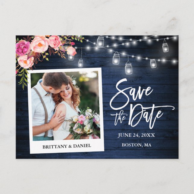 Instant Foto Blue Wood Floral Jars Save the Date Postkarte (Vorderseite)