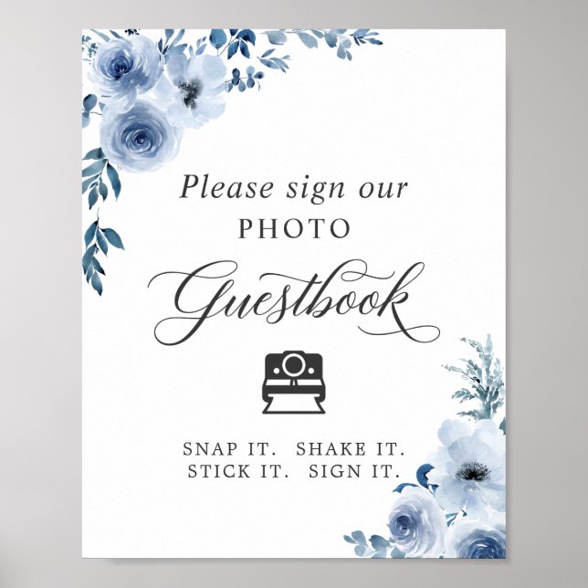 Instant Foto Gästebuch Sign Dusty Blue Floral (Vorne)