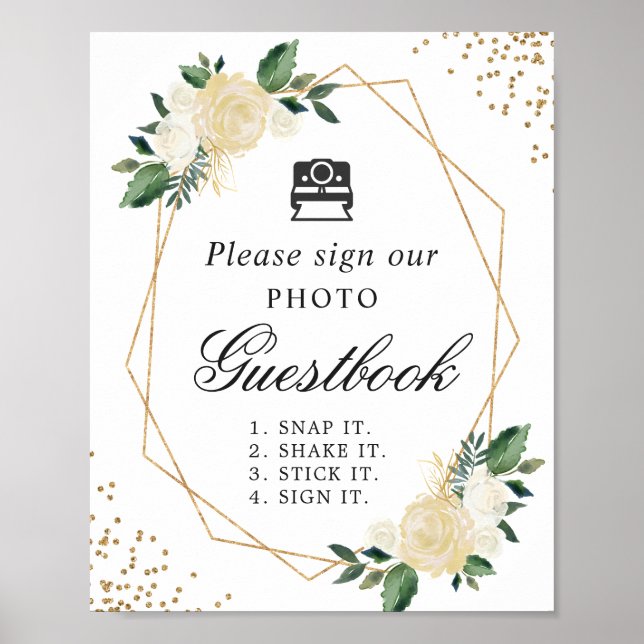Instant Foto Gästebuch Sign Ivory Green Floral (Vorne)