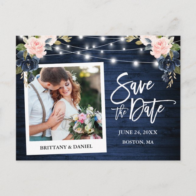 Instant Foto Wood Pink Blue Floral Save the Date Postkarte (Vorderseite)