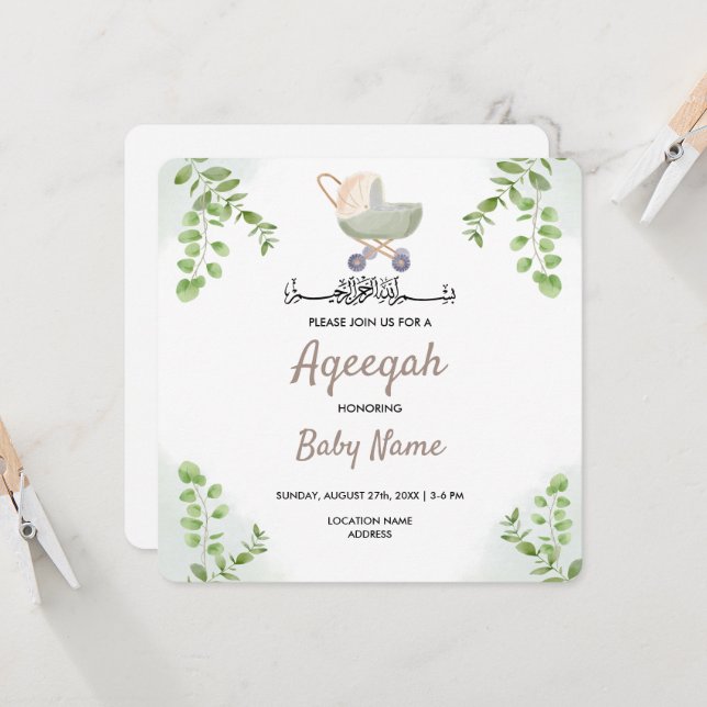 Instant Modern Chic Aqeeqah Aqiqah Invite Card Einladung (Vorderseite/Rückseite Beispiel)