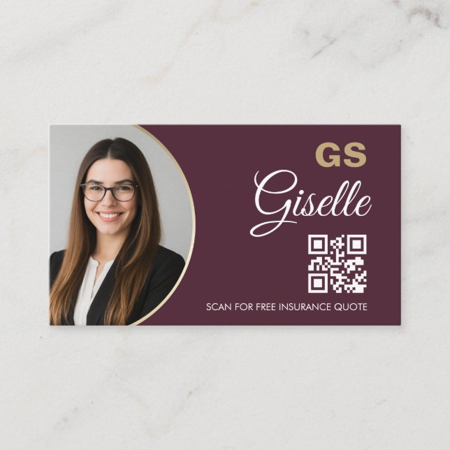 Insurance Agent Burgundy Gold Photo QR Code  Visitenkarte (Vorderseite)