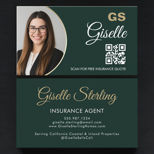 Insurance Agent Emerald Green Gold Photo QR Code  Visitenkarte (Von Creator hochgeladen)