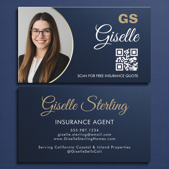 Insurance Agent Navy Blue Gold Photo Metallic Visitenkarte (Von Creator hochgeladen)