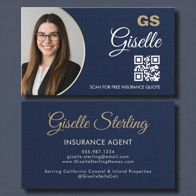 Insurance Agent Navy Blue Gold Photo QR Code Linen Visitenkarte (Von Creator hochgeladen)
