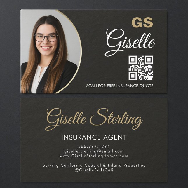 Insurance Agent Slate Stone Black Photo QR Code  Visitenkarte (Von Creator hochgeladen)