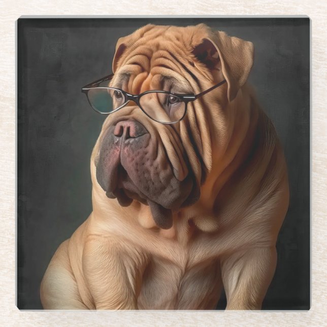 Intelligent Shar Pei Dog mit Buchdesign Glasuntersetzer (Vorderseite)