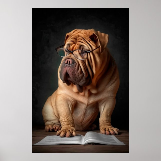 Intelligent Shar Pei Dog mit Buchdesign Poster (Vorne)
