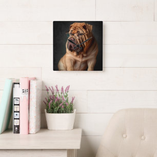 Intelligent Shar Pei Dog mit Buchdesign Quadratische Wanduhr