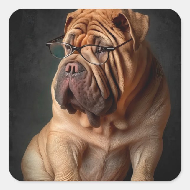 Intelligent Shar Pei Dog mit Buchdesign Quadratischer Aufkleber (Vorderseite)