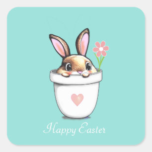 Intelligenter Hase mit Blume und Herz auf Hellblau Quadratischer Aufkleber