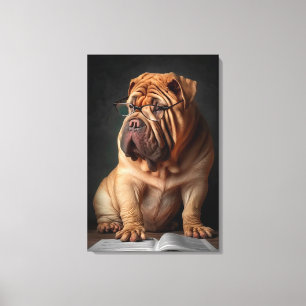 Intelligenter Shar Pei Hund mit Buch Design Leinwanddruck
