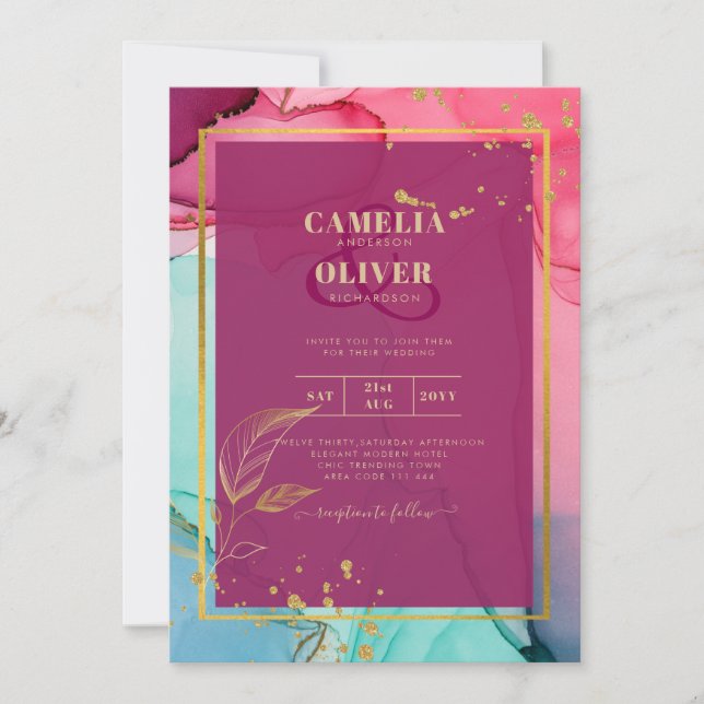 Intense PINK Türkis GOLD WEDD Alkohol Tinte Einladung (Vorderseite)