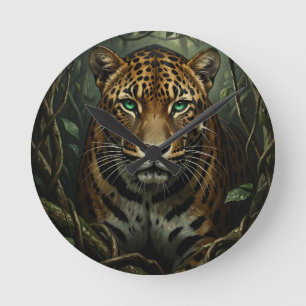 Intenser grüner Jaguar-Dschungel mit Augen Runde Wanduhr
