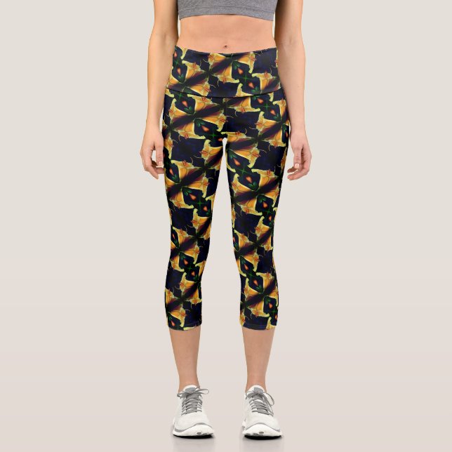 Intensive Gelbe Lilie Blume Abstraktes Kunstmuster Capri Leggings (Vorderseite)