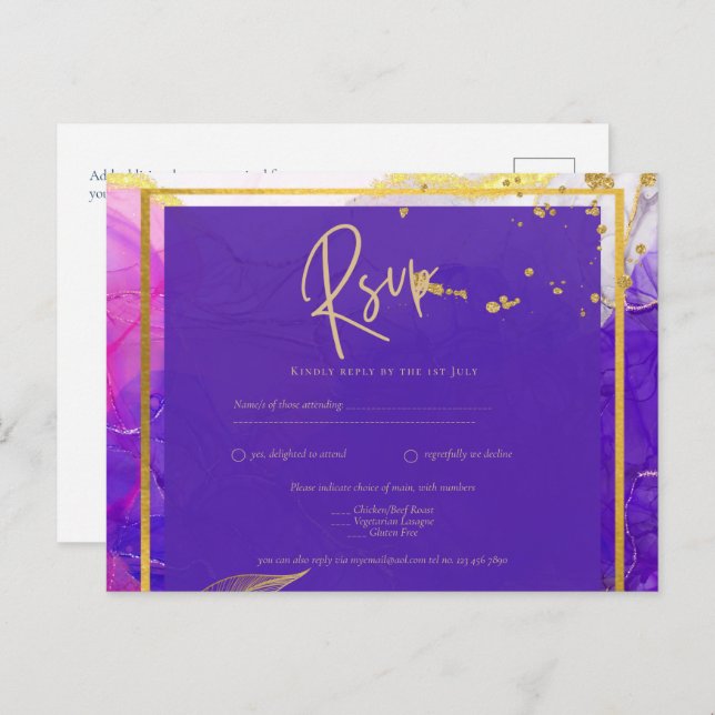 Intensive Lila Rosa Gold Hochzeit Alkohol Tinte Postkarte