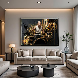 Intensiver Rockdrummer Gold & Schwarz Musikdesign Leinwanddruck