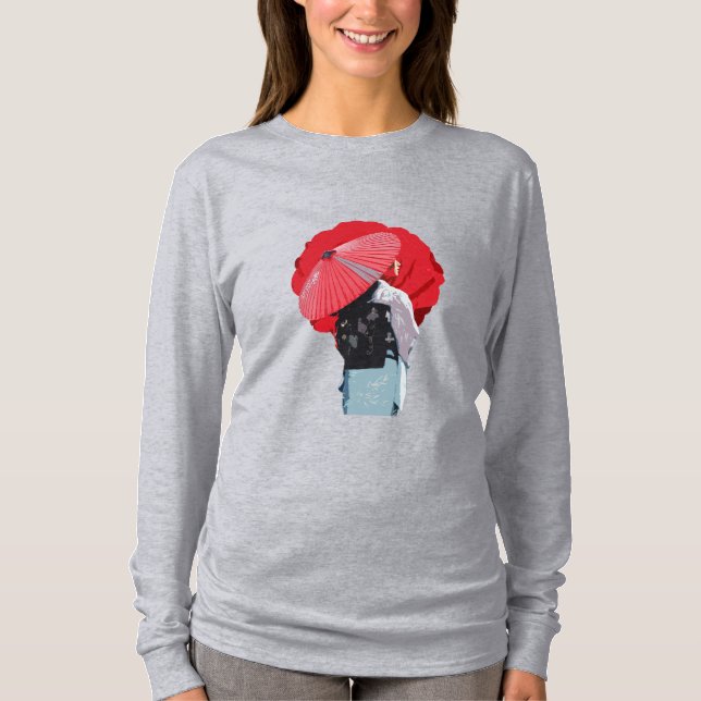 Intenso Vermelho Inspiração Japonesa com Sombrinha T-Shirt (Vorderseite)