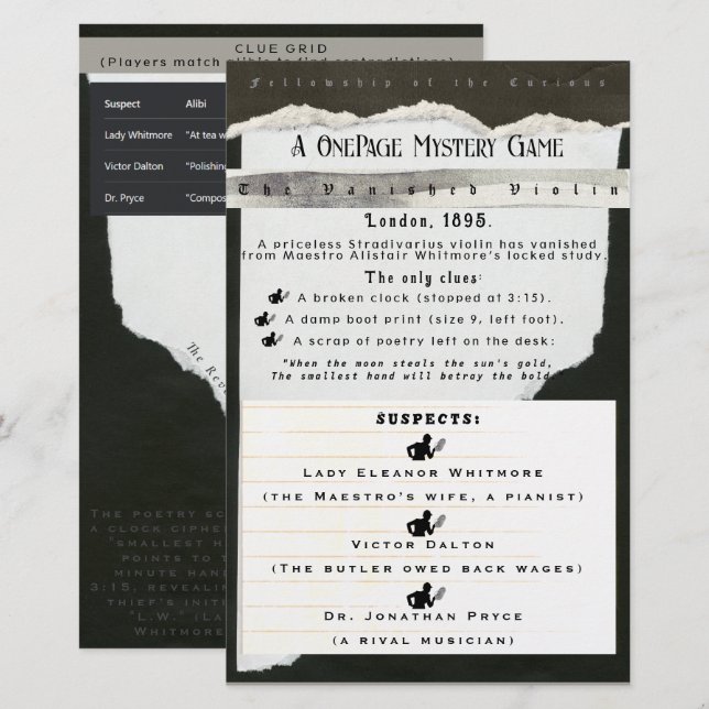 Interaktive Mystery-Party-Spielkarte (Vorne/Hinten)
