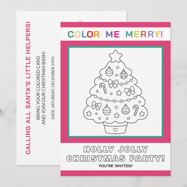 Interaktive Weihnachtsbaum-Malvorlage für Kinder Einladung (Vorne/Hinten)