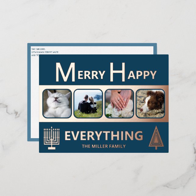 Interfaith 4 Photo Simple Modern Navy Rose Gold Folien Feiertagspostkarte (Vorderseite/Rückseite)