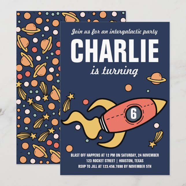 Intergalaktische/RaketenGeburtstagsparty Einladung (Vorne/Hinten)