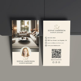 Interieur Designer Monogram Foto QR Creme Visitenkarte
