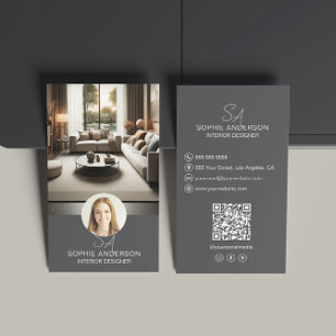 Interieur Designer Monogram Foto QR Grau Visitenkarte