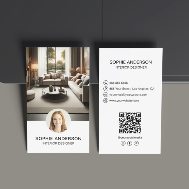 Interior Designer Custom Foto QR Social Media Visitenkarte (Interior Designer Custom Photo QR Social Media Business Card)