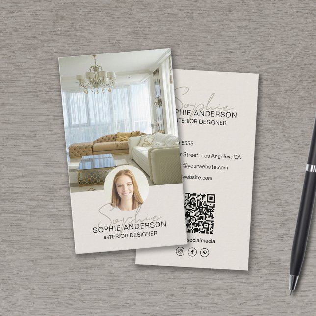 Interior Designer Foto QR Skriptname Tan Visitenkarte (Interior Designer Photo QR Script Name Tan Business Card)