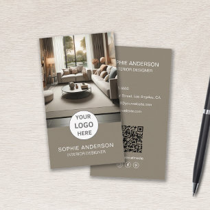 Interior Designer Logo Foto QR Social Media Taupe Visitenkarte