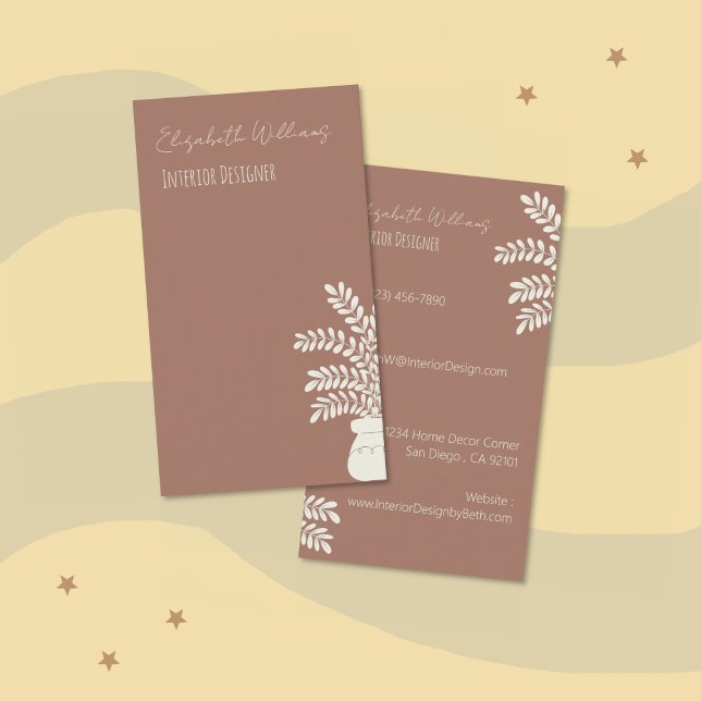 Interior Designer Mocha Vertical Business Card Visitenkarte (Interior designer botanical mocha brown vertical business card)