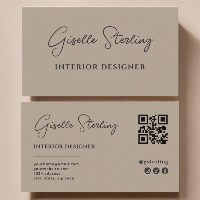 Interior Designer Neutral Taupe Script QR Code Visitenkarte (Von Creator hochgeladen)
