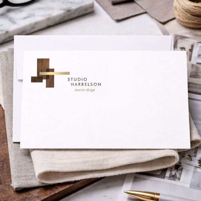 Interior Designer Wood Gold Logo Flat Notecard Mitteilungskarte (Von Creator hochgeladen)
