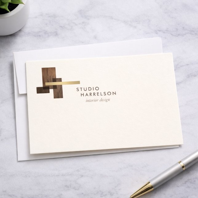 Interior Designer Wood Gold Logo Ivory Notecard Mitteilungskarte (Von Creator hochgeladen)