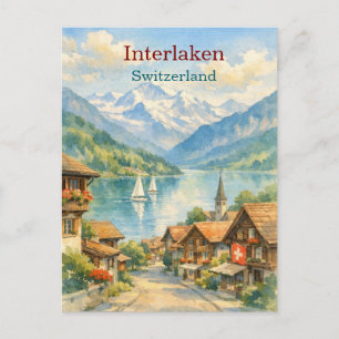 Interlaken Schweiz Aquarell vintage Reise  Postkarte