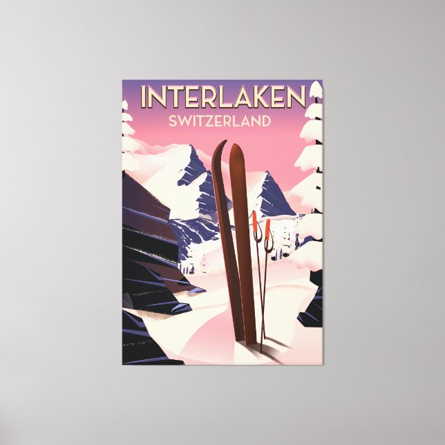 Interlaken Schweiz Skifahrplakat. Leinwanddruck (Vorderseite)