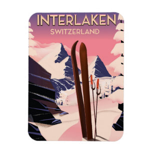 Interlaken Schweiz Skifahrplakat. Magnet