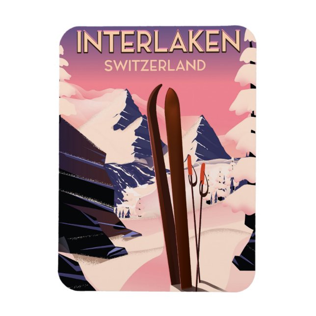 Interlaken Schweiz Skifahrplakat. Magnet (Vertikal)