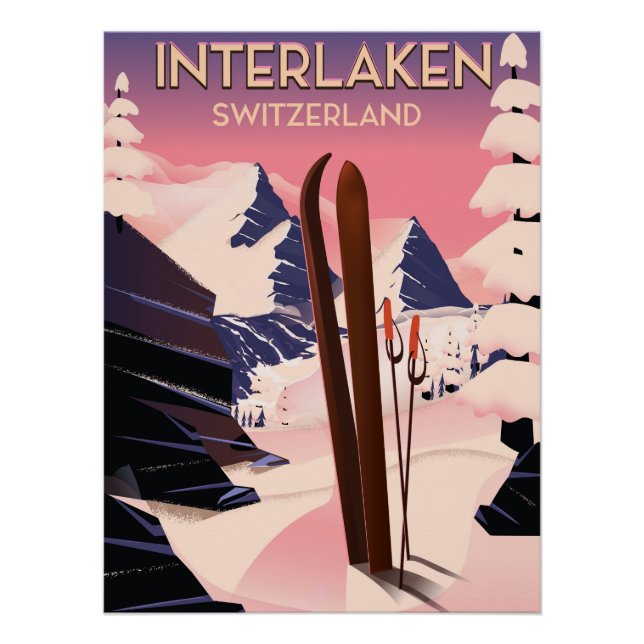 Interlaken Schweiz Skifahrplakat. Poster (Vorderseite)
